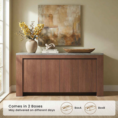 SUCSSRICH 63-Inch Modern Buffet Cabinet with Storage, Faux Marble Top, 4 Doors for Living Room & Dining Room (Walnut)