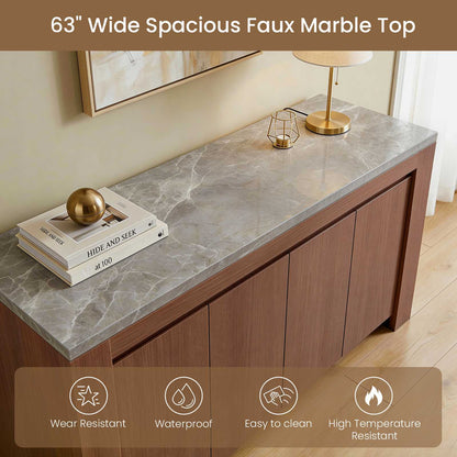 SUCSSRICH 63-Inch Modern Buffet Cabinet with Storage, Faux Marble Top, 4 Doors for Living Room & Dining Room (Walnut)