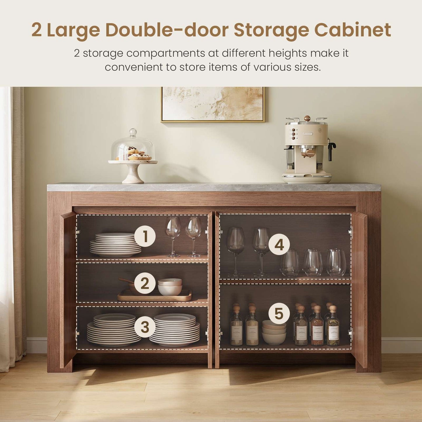 SUCSSRICH 63-Inch Modern Buffet Cabinet with Storage, Faux Marble Top, 4 Doors for Living Room & Dining Room (Walnut)