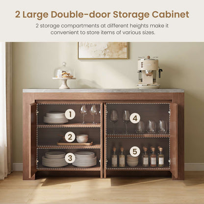 SUCSSRICH 63-Inch Modern Buffet Cabinet with Storage, Faux Marble Top, 4 Doors for Living Room & Dining Room (Walnut)