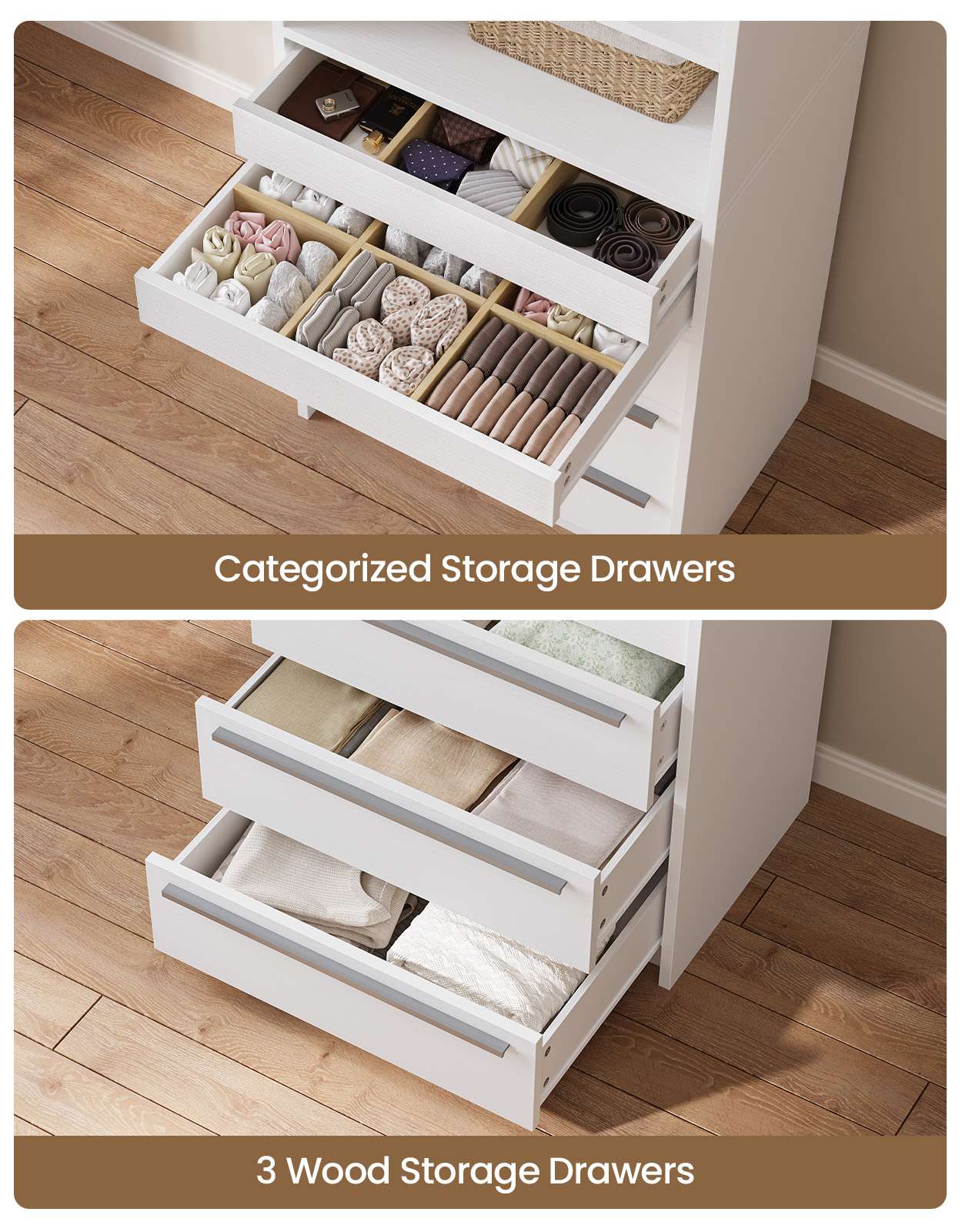 SUCSSRICH | Modular Closet Organizer System with 5 Drawers & 4 Shelves, Freestanding Walk-In Closet Storage (White)