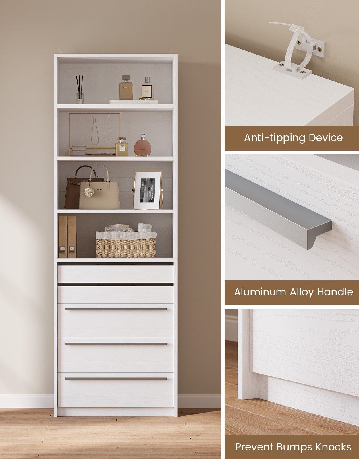 SUCSSRICH | Modular Closet Organizer System with 5 Drawers & 4 Shelves, Freestanding Walk-In Closet Storage (White)