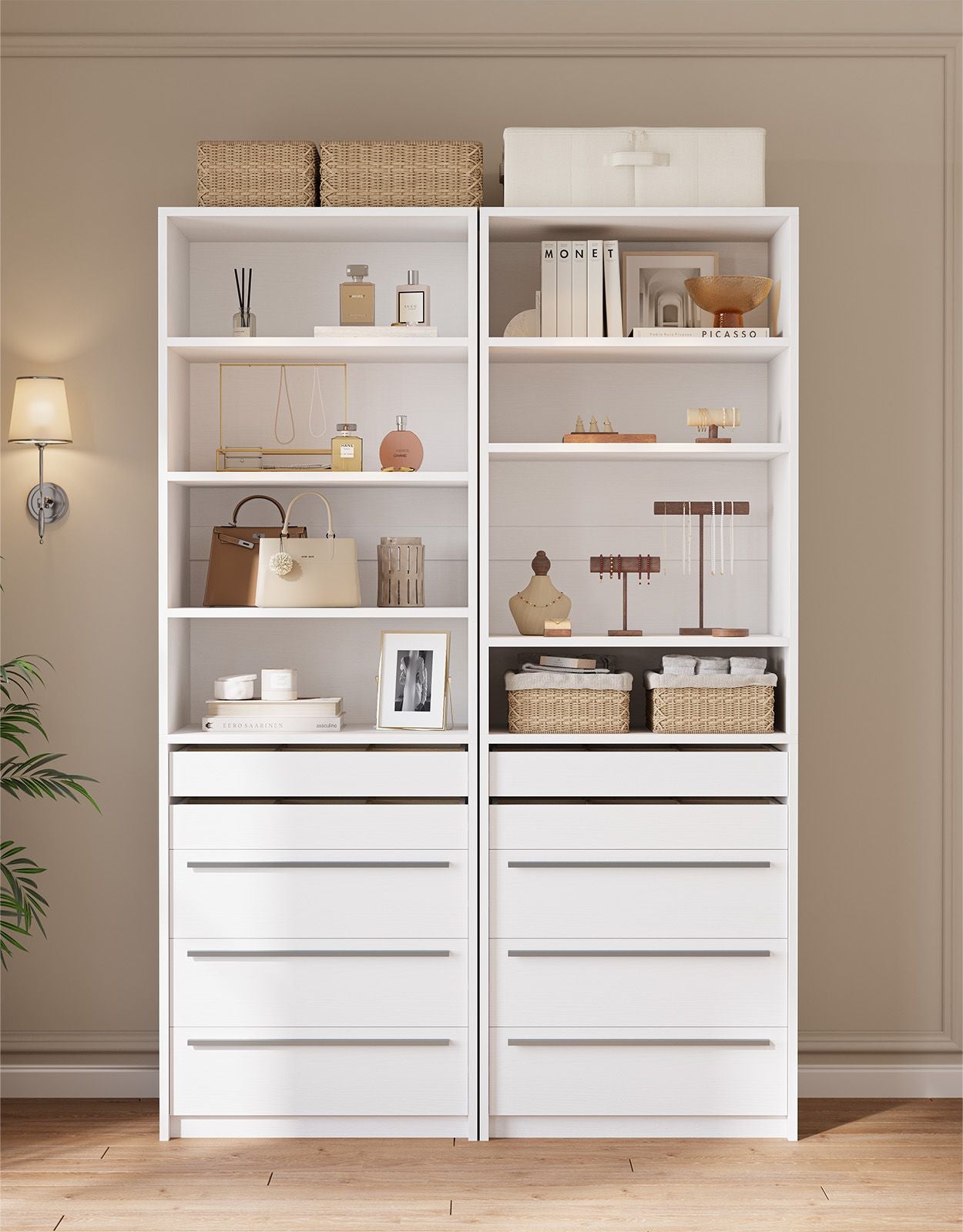SUCSSRICH | Modular Closet Organizer System with 5 Drawers & 4 Shelves, Freestanding Walk-In Closet Storage (White)