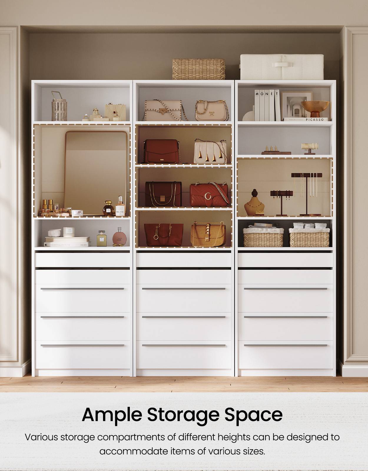 SUCSSRICH | Modular Closet Organizer System with 5 Drawers & 4 Shelves, Freestanding Walk-In Closet Storage (White)
