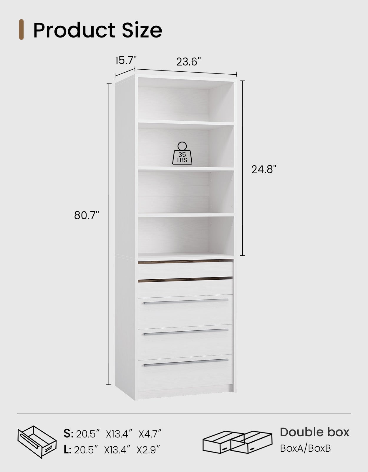 SUCSSRICH | Modular Closet Organizer System with 5 Drawers & 4 Shelves, Freestanding Walk-In Closet Storage (White)