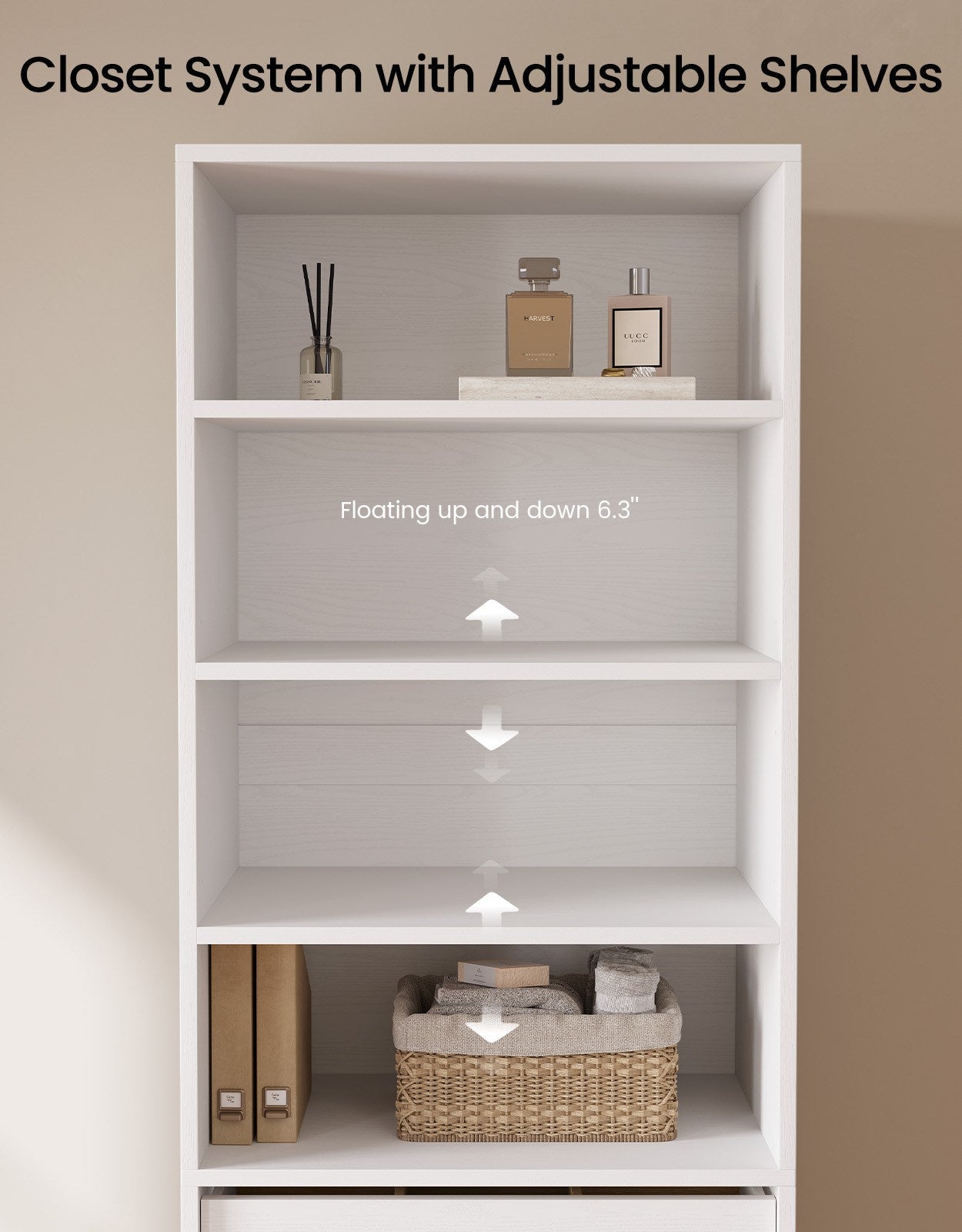 SUCSSRICH | Modular Closet Organizer System with 5 Drawers & 4 Shelves, Freestanding Walk-In Closet Storage (White)