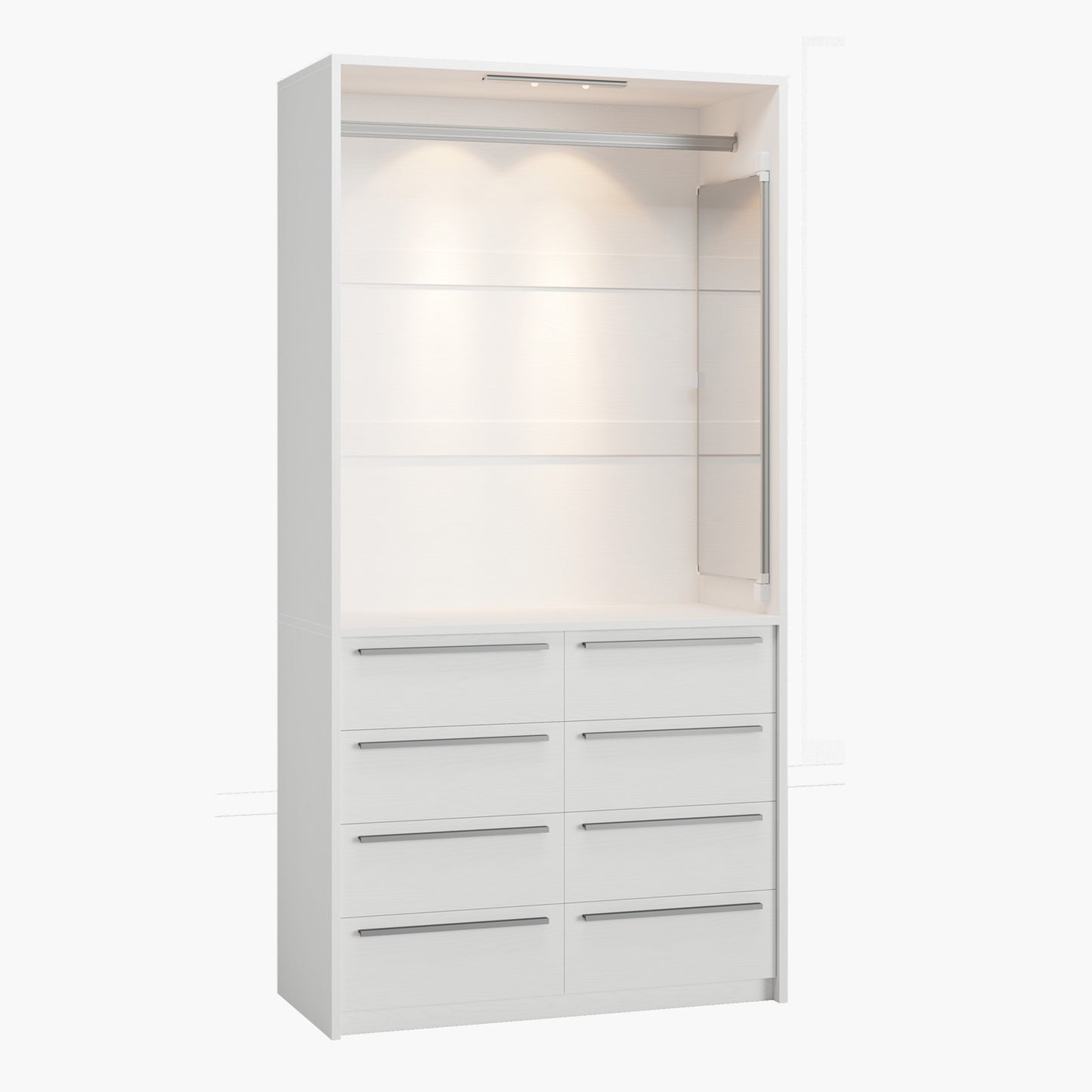 SUCSSRICH | 3FT Walk-In Closet Organizer System with 8 Drawers, Full-Length Mirror, Metal Hanging Rod & Motion Sensor Light (White)