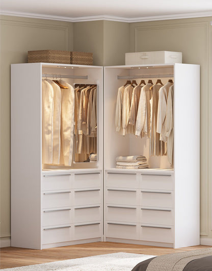 SUCSSRICH | 3FT Walk-In Closet Organizer System with 8 Drawers, Full-Length Mirror, Metal Hanging Rod & Motion Sensor Light (White)