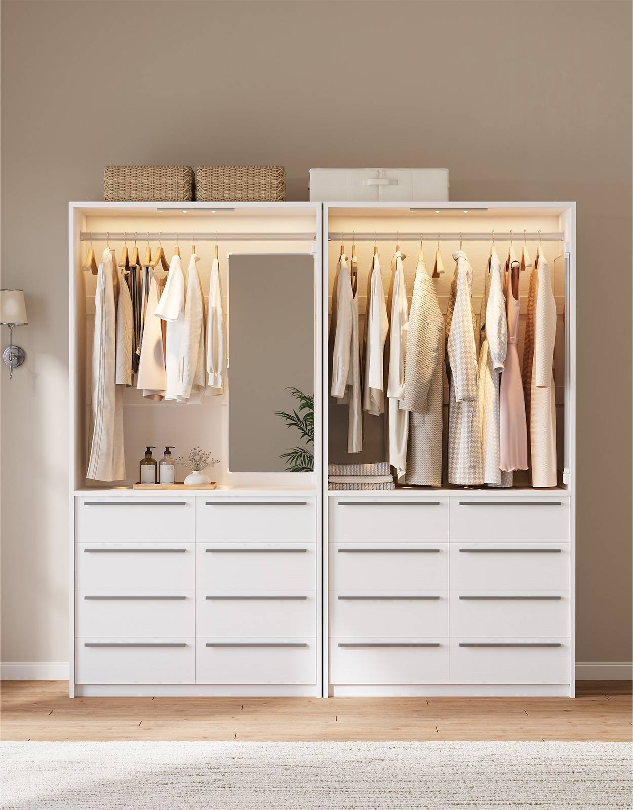 SUCSSRICH | 3FT Walk-In Closet Organizer System with 8 Drawers, Full-Length Mirror, Metal Hanging Rod & Motion Sensor Light (White)