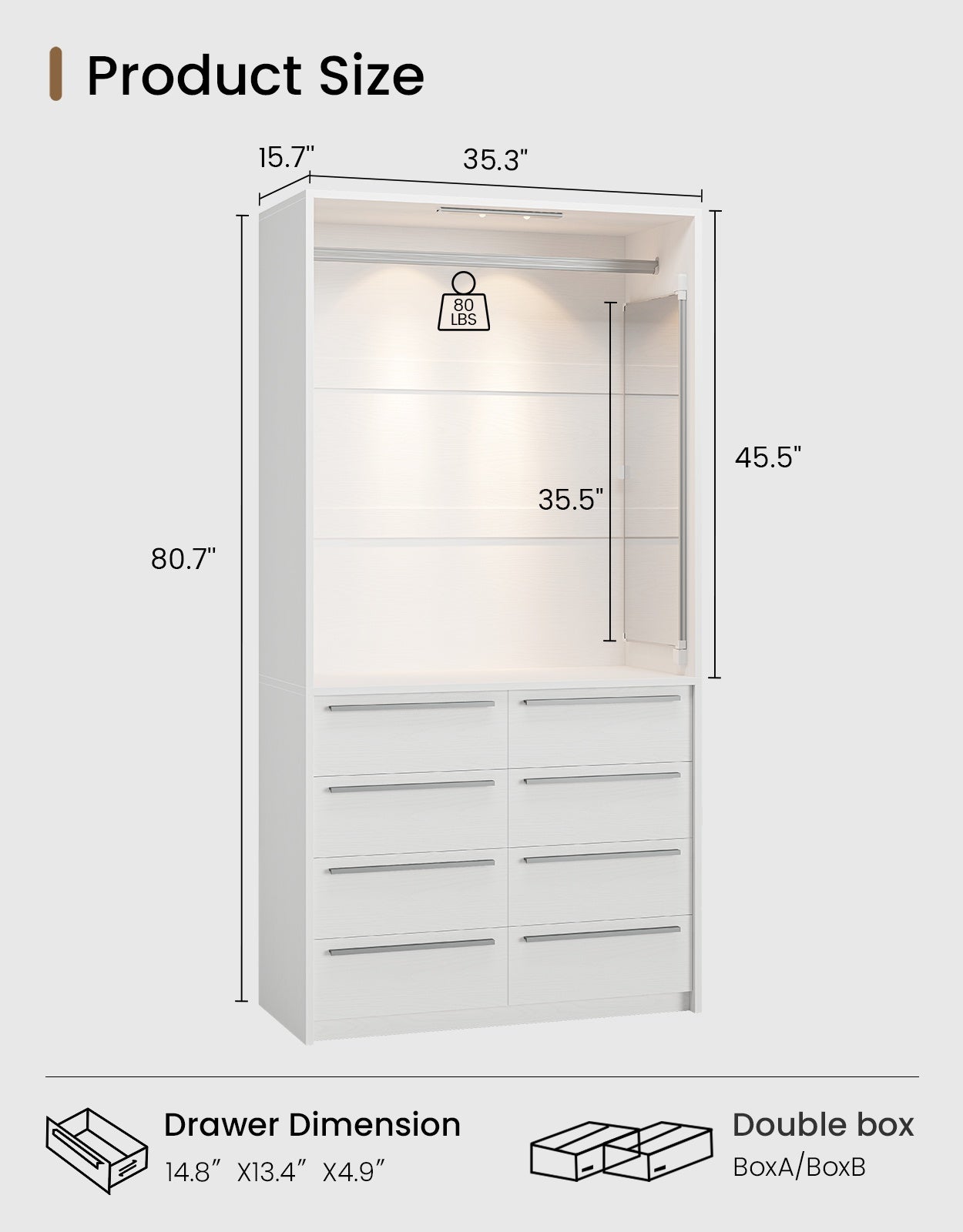 SUCSSRICH | 3FT Walk-In Closet Organizer System with 8 Drawers, Full-Length Mirror, Metal Hanging Rod & Motion Sensor Light (White)