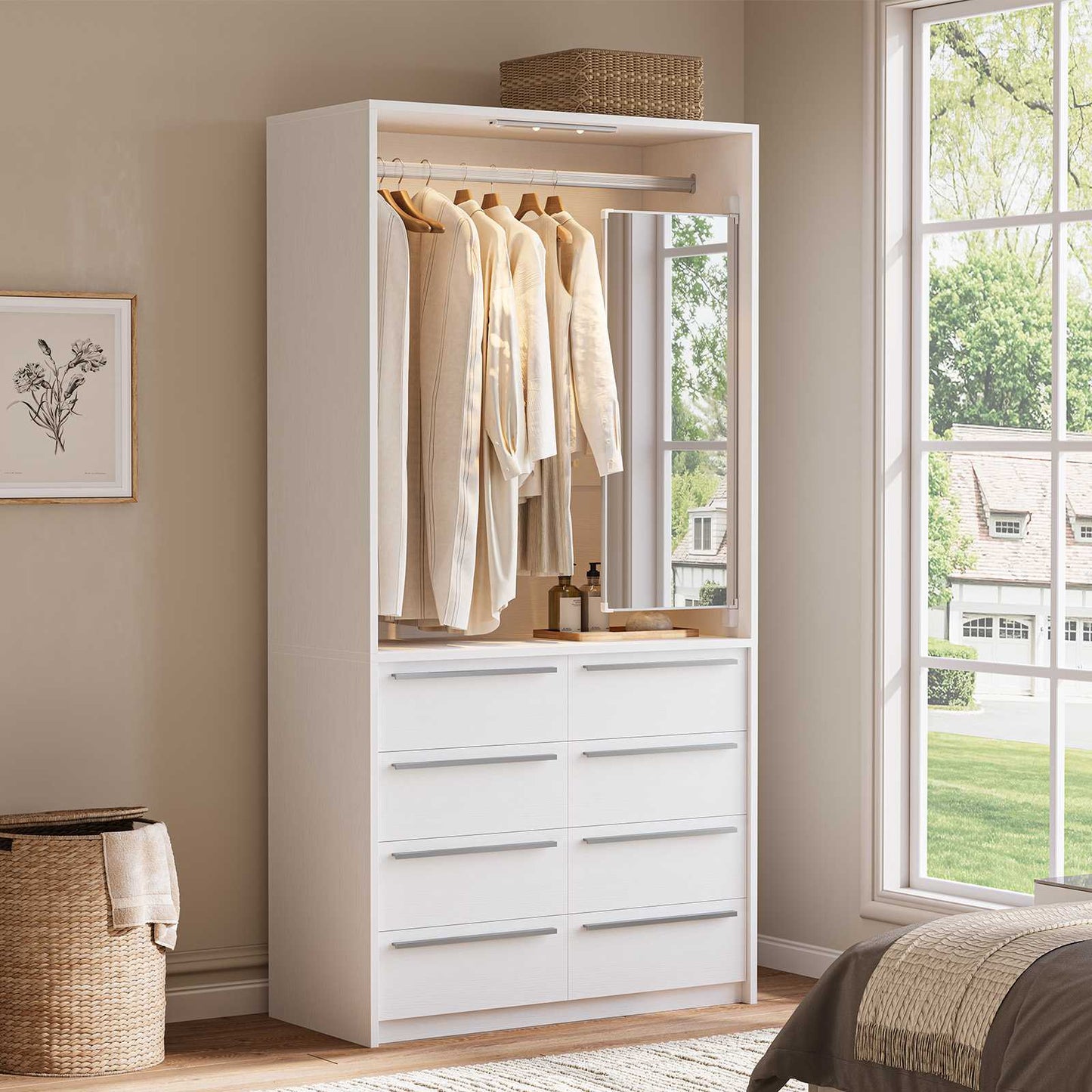 SUCSSRICH | 3FT Walk-In Closet Organizer System with 8 Drawers, Full-Length Mirror, Metal Hanging Rod & Motion Sensor Light (White)