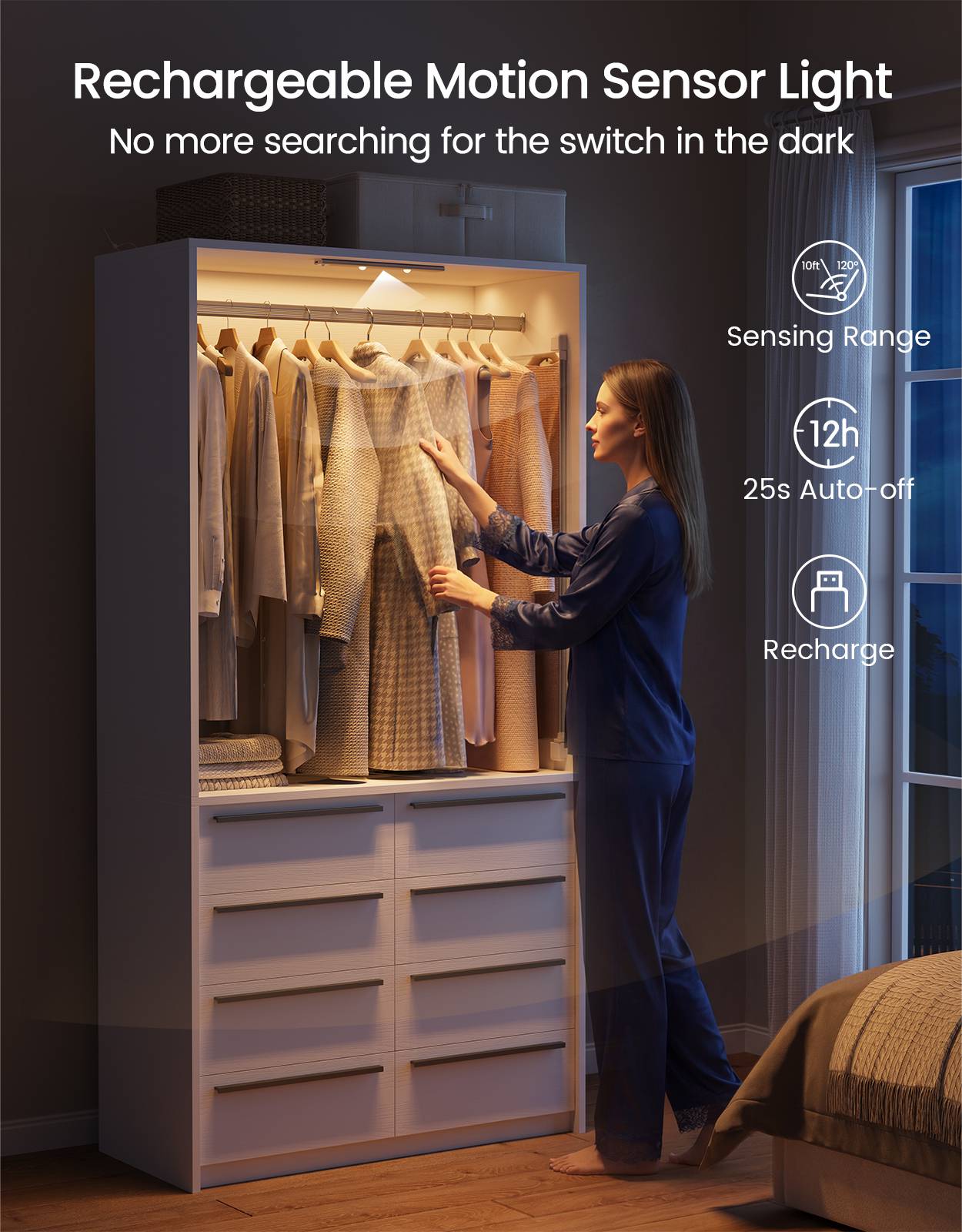 SUCSSRICH | 3FT Walk-In Closet Organizer System with 8 Drawers, Full-Length Mirror, Metal Hanging Rod & Motion Sensor Light (White)