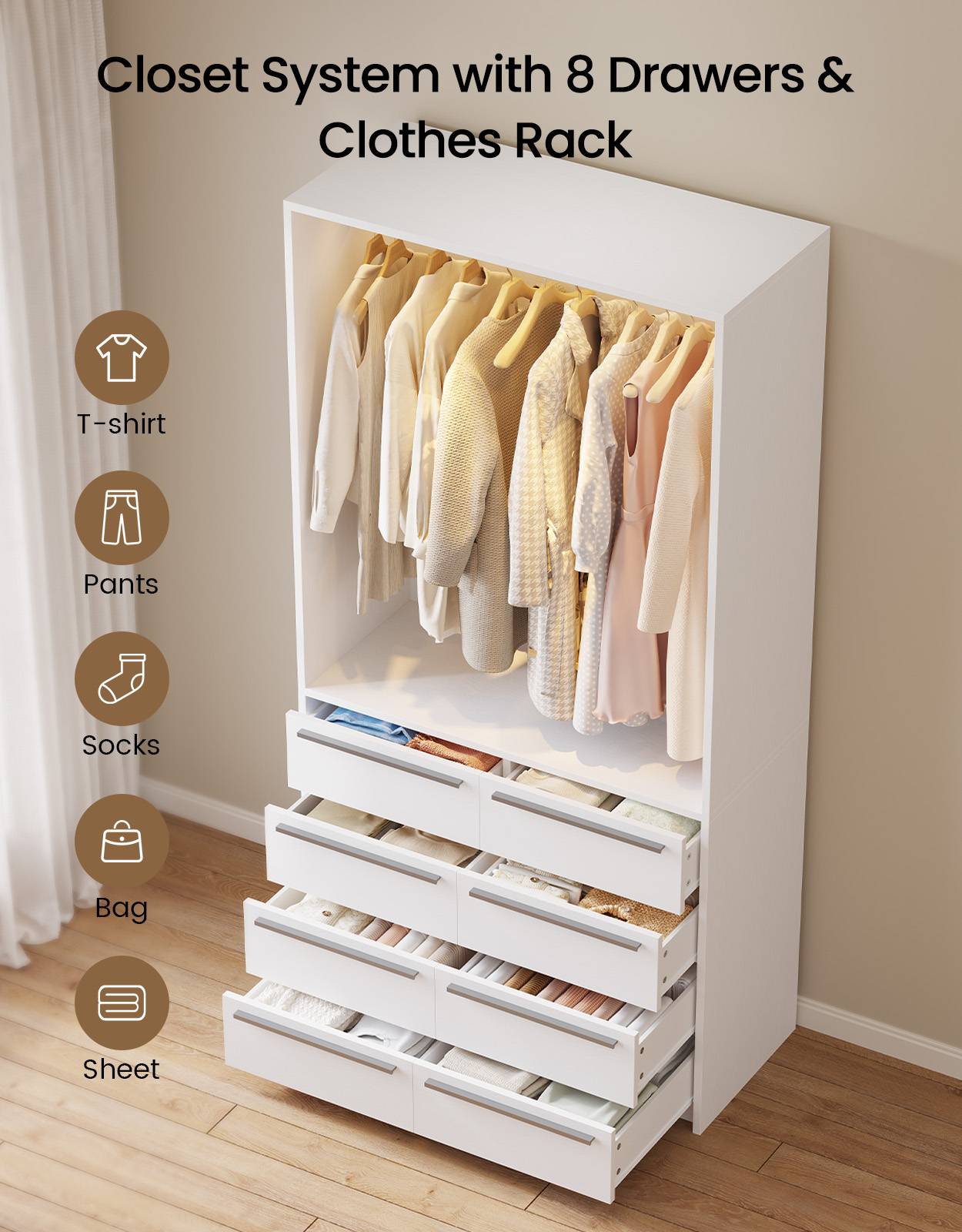 SUCSSRICH | 3FT Walk-In Closet Organizer System with 8 Drawers, Full-Length Mirror, Metal Hanging Rod & Motion Sensor Light (White)