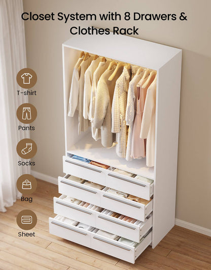 SUCSSRICH | 3FT Walk-In Closet Organizer System with 8 Drawers, Full-Length Mirror, Metal Hanging Rod & Motion Sensor Light (White)