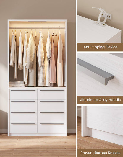 SUCSSRICH | 3FT Walk-In Closet Organizer System with 8 Drawers, Full-Length Mirror, Metal Hanging Rod & Motion Sensor Light (White)