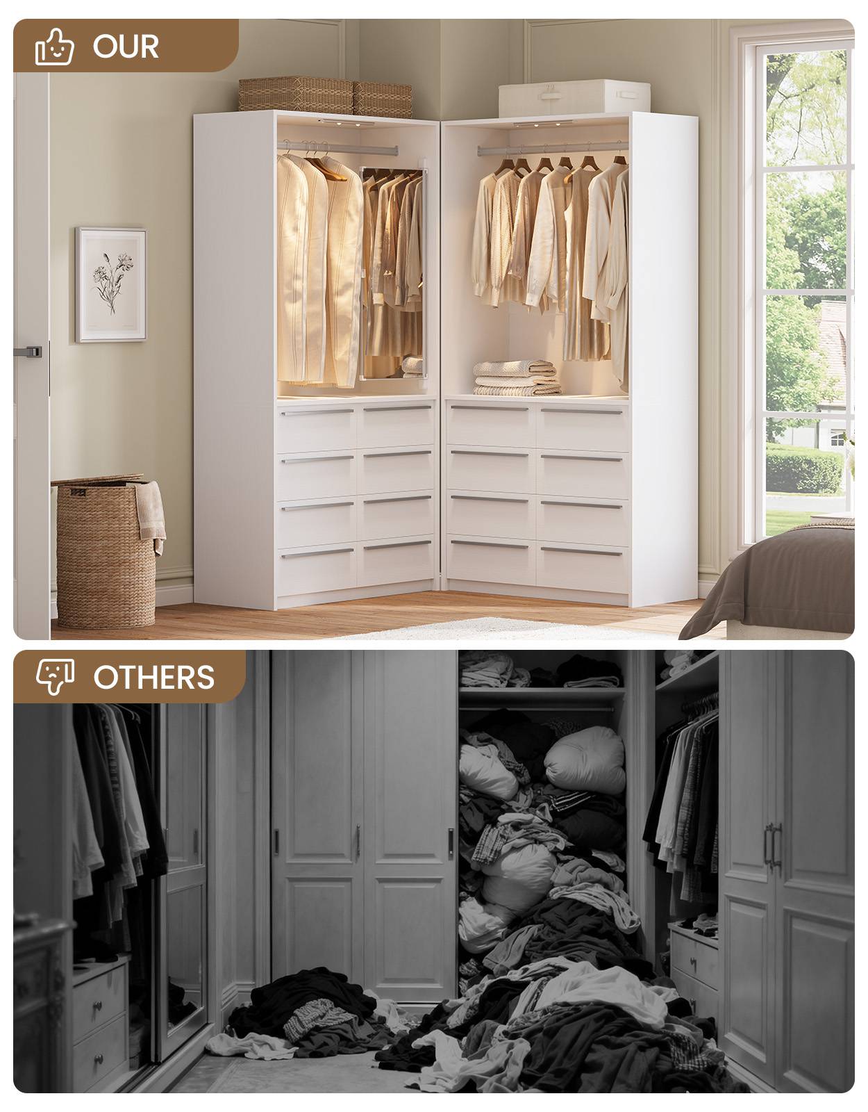 SUCSSRICH | 3FT Walk-In Closet Organizer System with 8 Drawers, Full-Length Mirror, Metal Hanging Rod & Motion Sensor Light (White)
