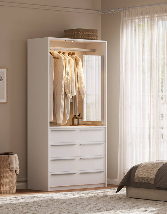 SUCSSRICH | 3FT Walk-In Closet Organizer System with 8 Drawers, Full-Length Mirror, Metal Hanging Rod & Motion Sensor Light (White)