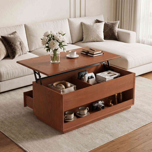 SUCSSRICH | Solid Wood Lift Top Coffee Table with Hidden Storage & Drawers - Brown