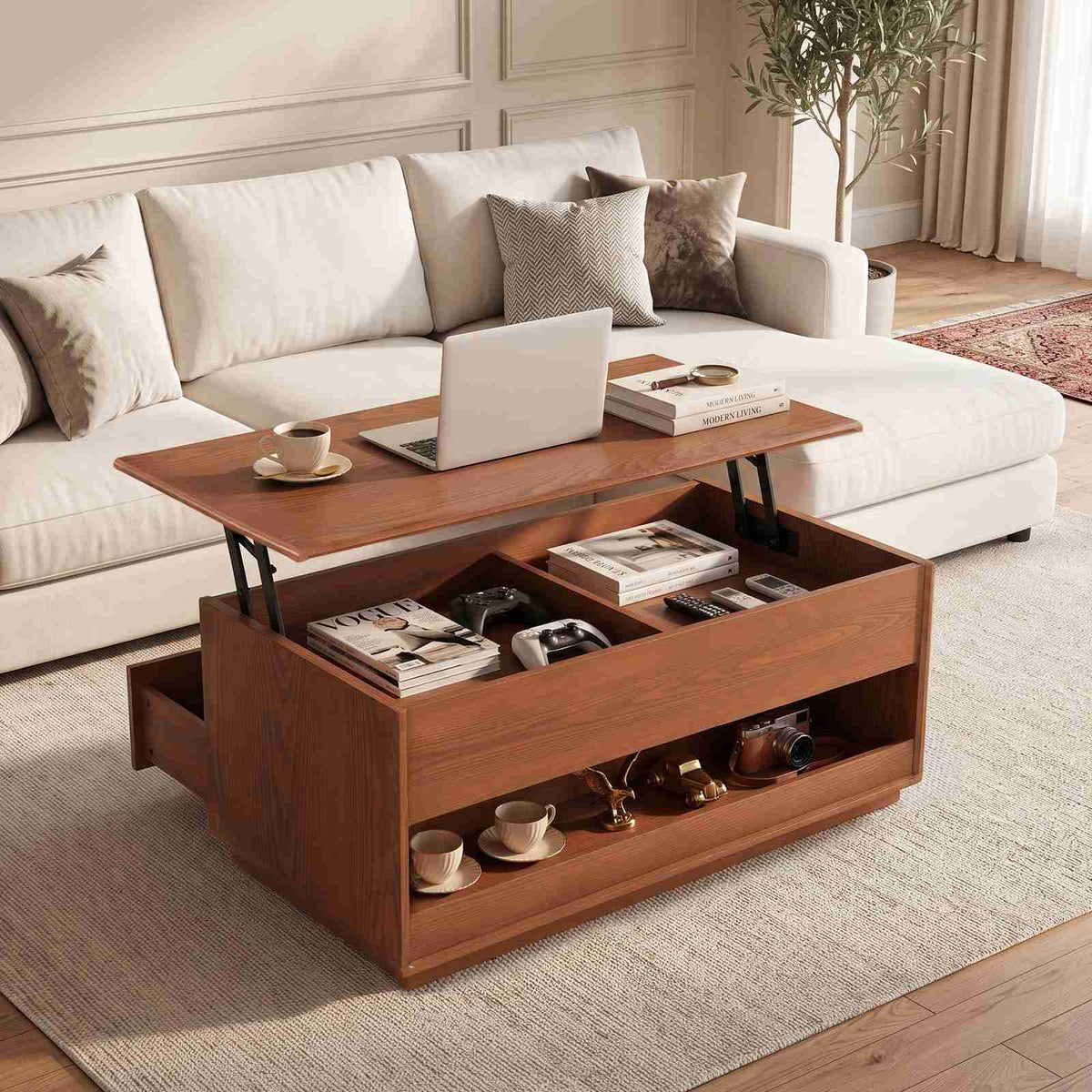 SUCSSRICH | Solid Wood Lift Top Coffee Table with Hidden Storage & Drawers - Brown