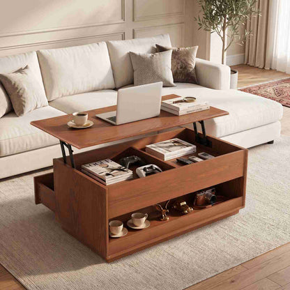 SUCSSRICH | Solid Wood Lift Top Coffee Table with Hidden Storage & Drawers - Brown