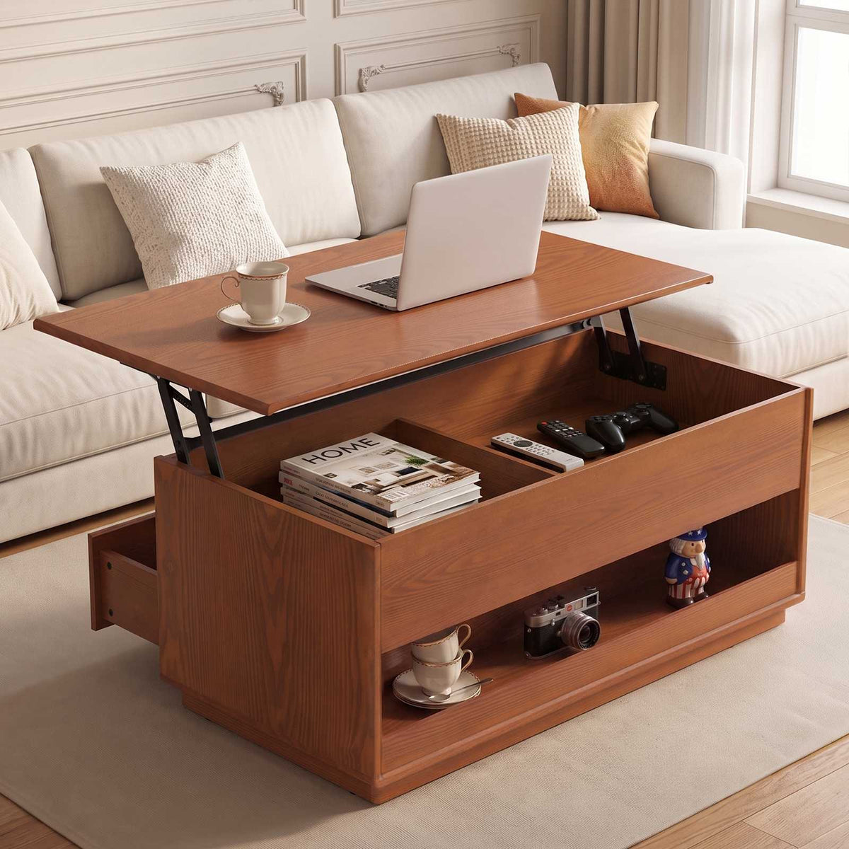 SUCSSRICH | Solid Wood Lift Top Coffee Table with Hidden Storage & Drawers - Brown