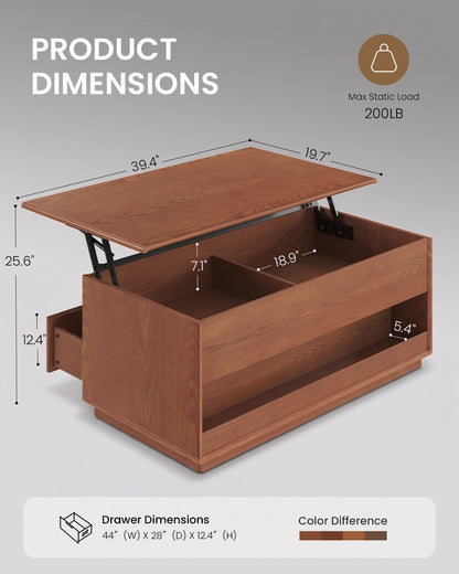 SUCSSRICH | Solid Wood Lift Top Coffee Table with Hidden Storage & Drawers - Brown