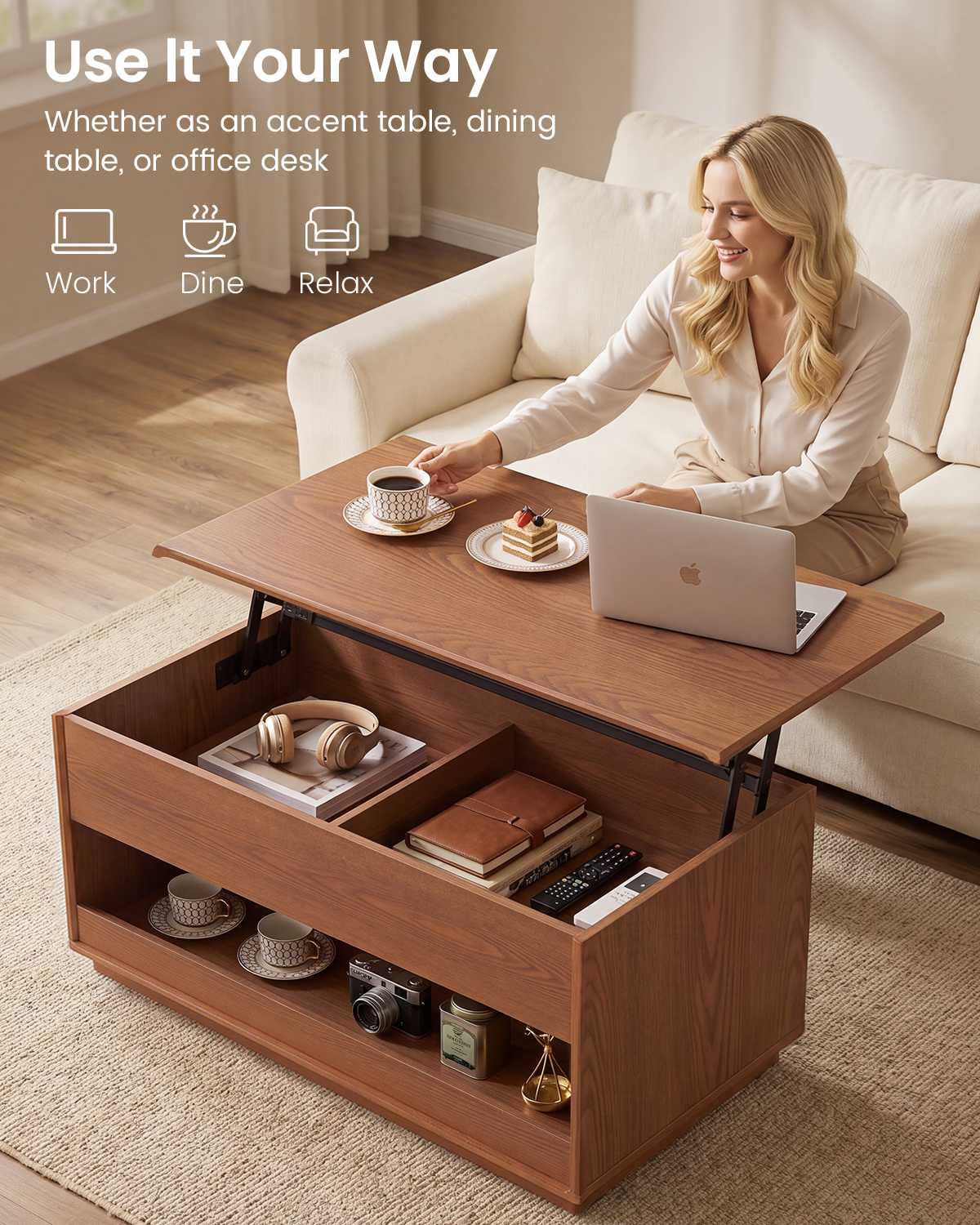 SUCSSRICH | Solid Wood Lift Top Coffee Table with Hidden Storage & Drawers - Brown