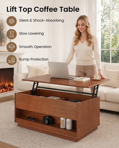 SUCSSRICH | Solid Wood Lift Top Coffee Table with Hidden Storage & Drawers - Brown