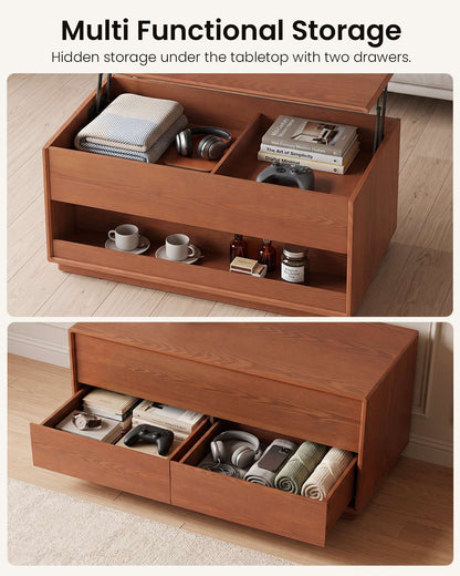 SUCSSRICH | Solid Wood Lift Top Coffee Table with Hidden Storage & Drawers - Brown