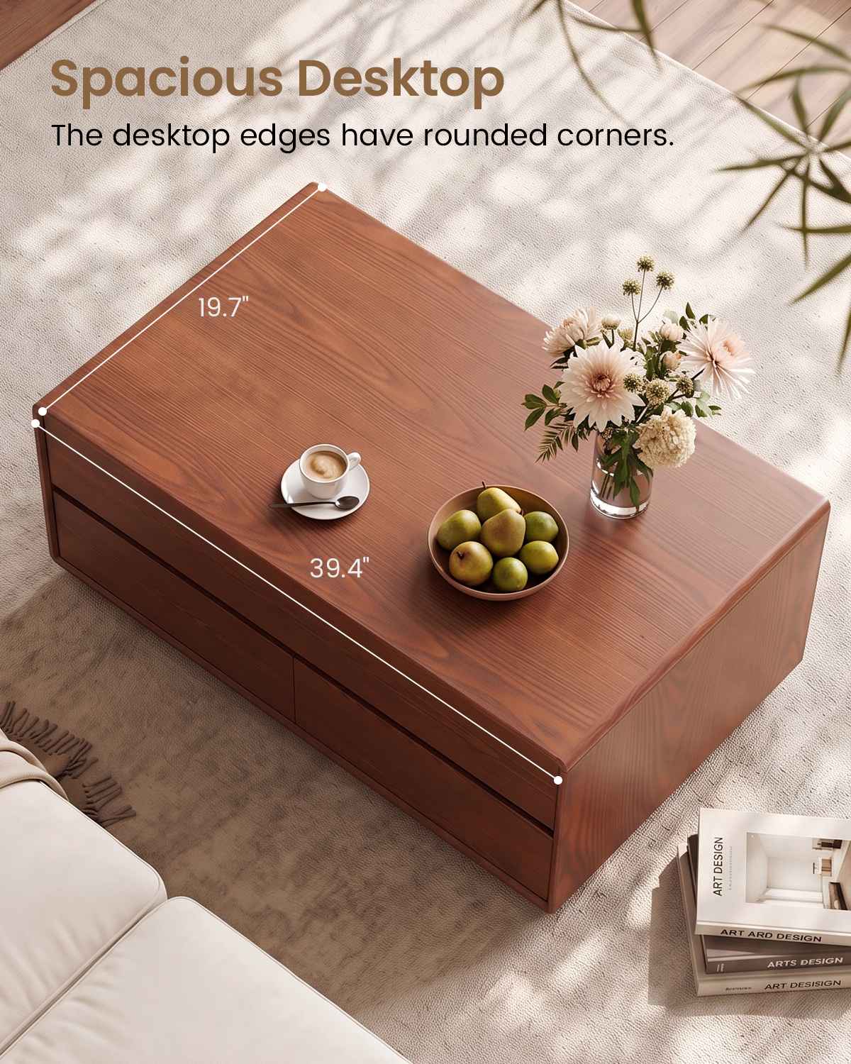 SUCSSRICH | Solid Wood Lift Top Coffee Table with Hidden Storage & Drawers - Brown