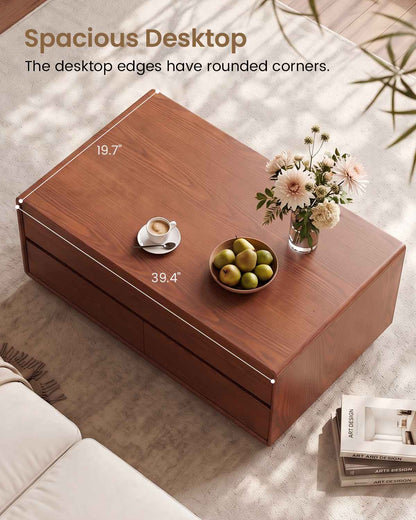 SUCSSRICH | Solid Wood Lift Top Coffee Table with Hidden Storage & Drawers - Brown