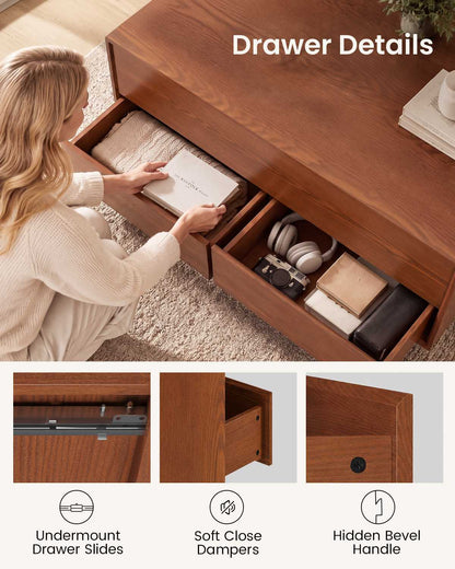 SUCSSRICH | Solid Wood Lift Top Coffee Table with Hidden Storage & Drawers - Brown