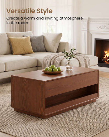 SUCSSRICH | Solid Wood Lift Top Coffee Table with Hidden Storage & Drawers - Brown
