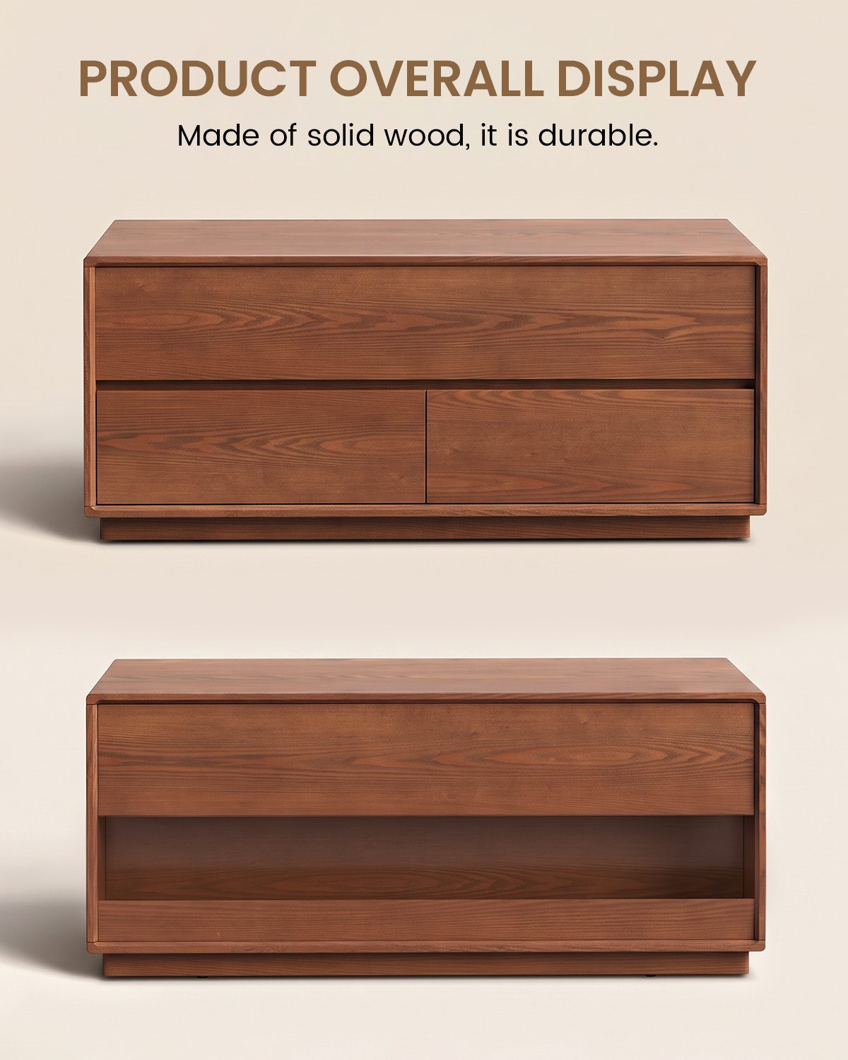 SUCSSRICH | Solid Wood Lift Top Coffee Table with Hidden Storage & Drawers - Brown