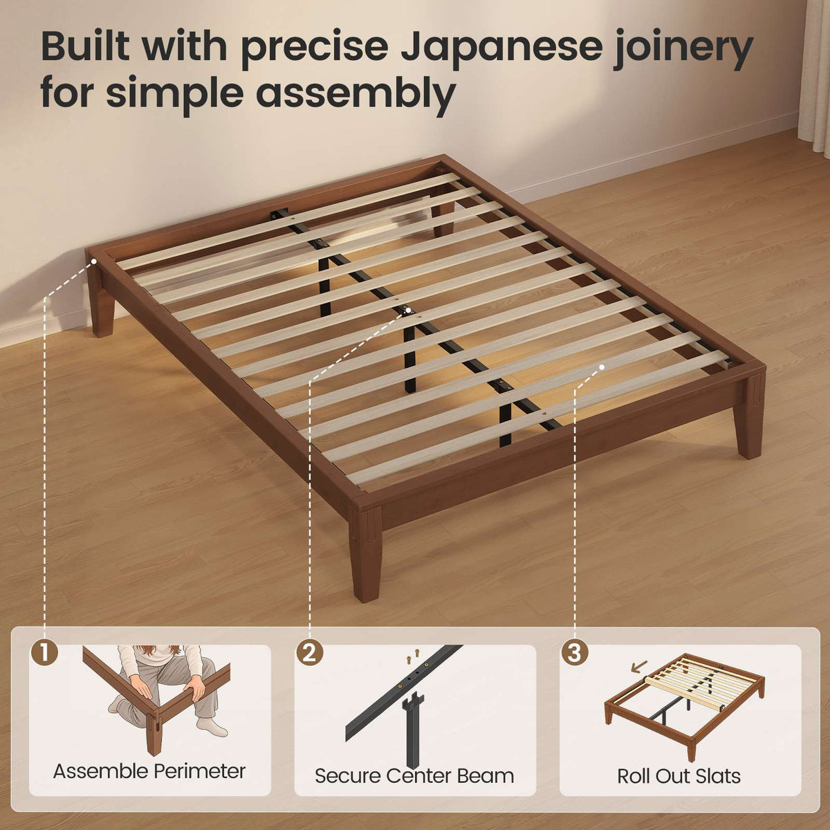 SUCSSRICH | Solid Wood Platform Bed Frame, Japanese Joinery, Natural Bamboo, Japandi Style & No Box Spring Needed
