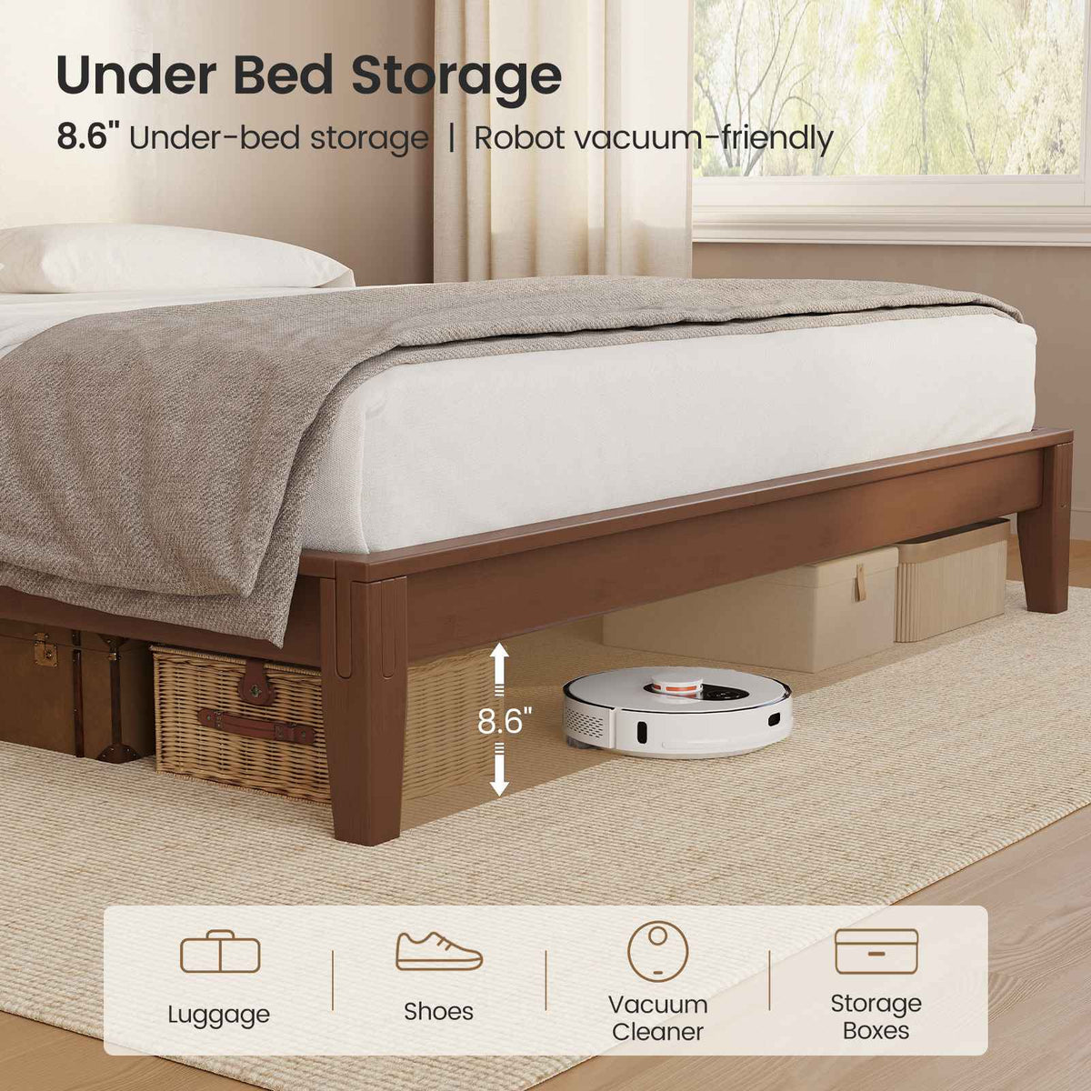SUCSSRICH | Solid Wood Platform Bed Frame, Japanese Joinery, Natural Bamboo, Japandi Style & No Box Spring Needed