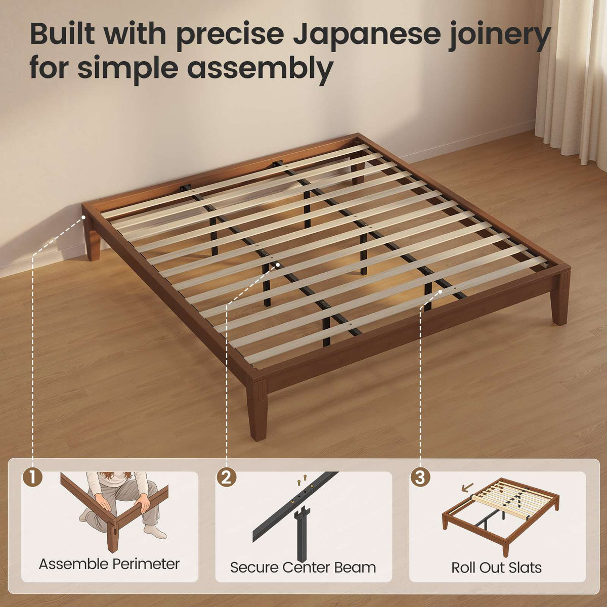 SUCSSRICH | Solid Wood Platform Bed Frame, Japanese Joinery, Natural Bamboo, Japandi Style & No Box Spring Needed