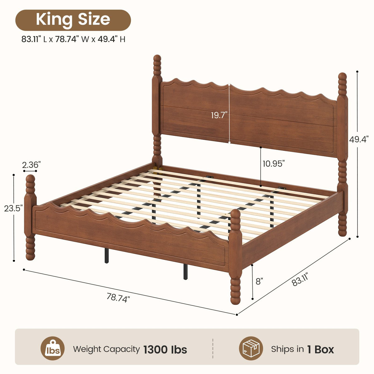 SUCSSRICH | Solid Wood Platform Bed with Storage Headboard, Spindle Design, Under-Bed Storage & No Box Spring Needed