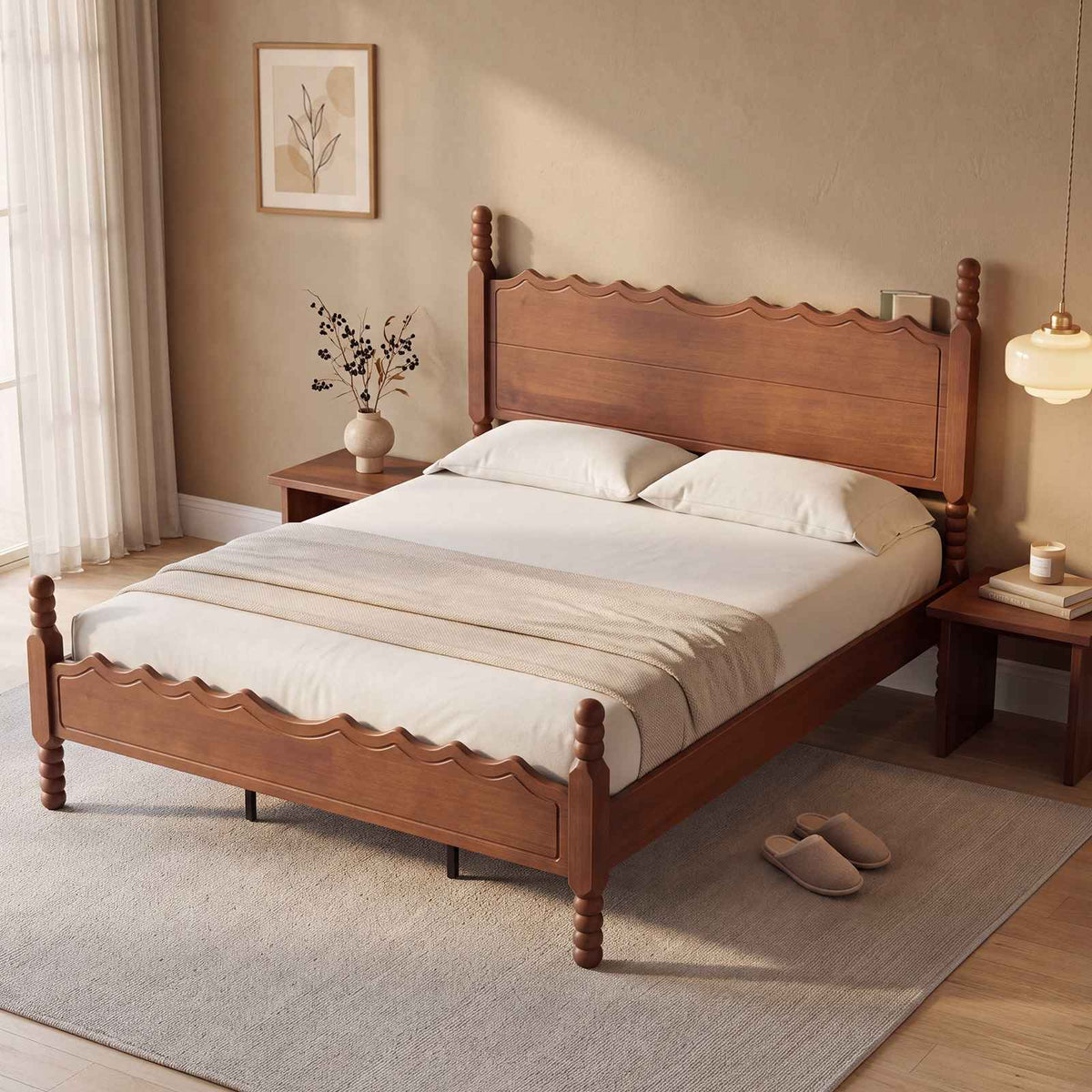 SUCSSRICH | Solid Wood Platform Bed with Storage Headboard, Spindle Design, Under-Bed Storage & No Box Spring Needed