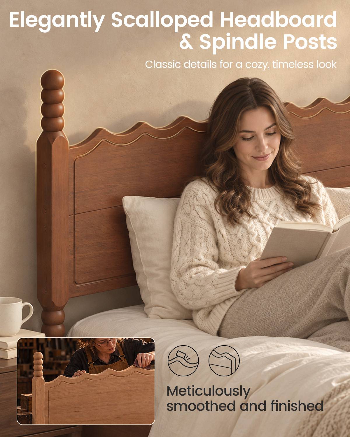 SUCSSRICH | Solid Wood Platform Bed with Storage Headboard, Spindle Design, Under-Bed Storage & No Box Spring Needed