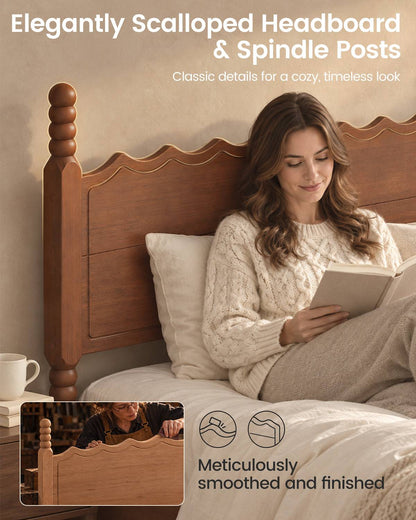 SUCSSRICH | Solid Wood Platform Bed with Storage Headboard, Spindle Design, Under-Bed Storage & No Box Spring Needed