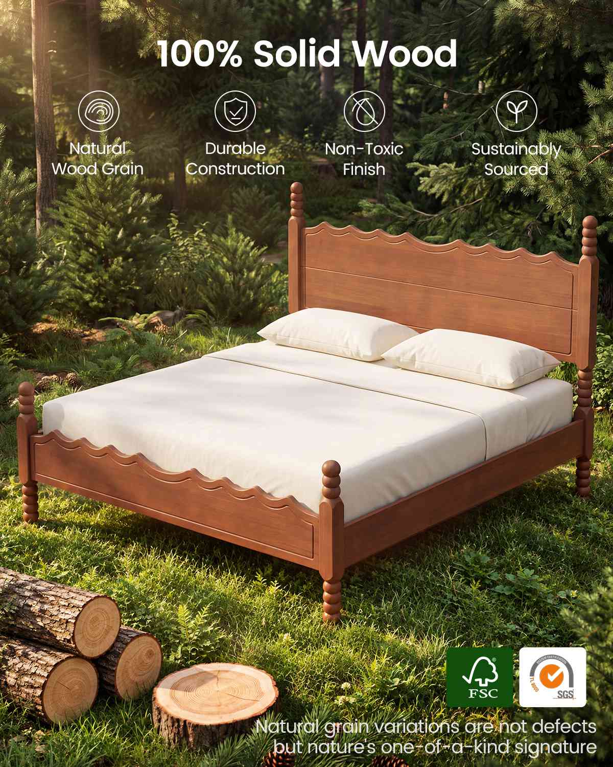 SUCSSRICH | Solid Wood Platform Bed with Storage Headboard, Spindle Design, Under-Bed Storage & No Box Spring Needed