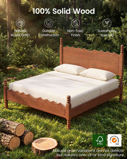 SUCSSRICH | Solid Wood Platform Bed with Storage Headboard, Spindle Design, Under-Bed Storage & No Box Spring Needed