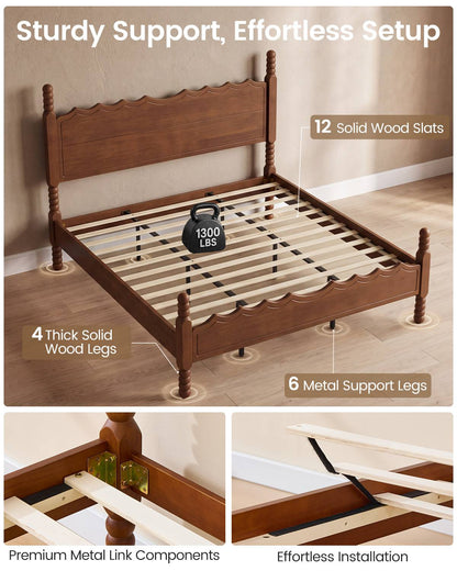 SUCSSRICH | Solid Wood Platform Bed with Storage Headboard, Spindle Design, Under-Bed Storage & No Box Spring Needed