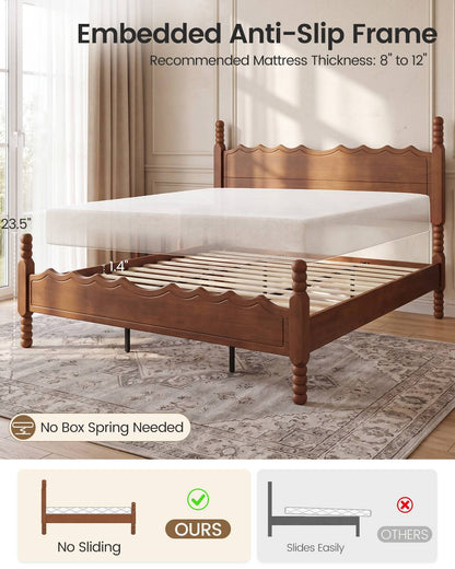 SUCSSRICH | Solid Wood Platform Bed with Storage Headboard, Spindle Design, Under-Bed Storage & No Box Spring Needed