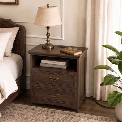 SUCSSRICH | 20-Inch Vintage Farmhouse Nightstand with Charging Station, 2 Drawers & Open Shelf, Elegant Carved Accents and Rustic Metal Handles