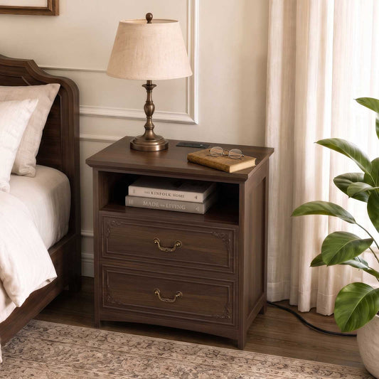SUCSSRICH | 20-Inch Vintage Farmhouse Nightstand with Charging Station, 2 Drawers & Open Shelf, Elegant Carved Accents and Rustic Metal Handles