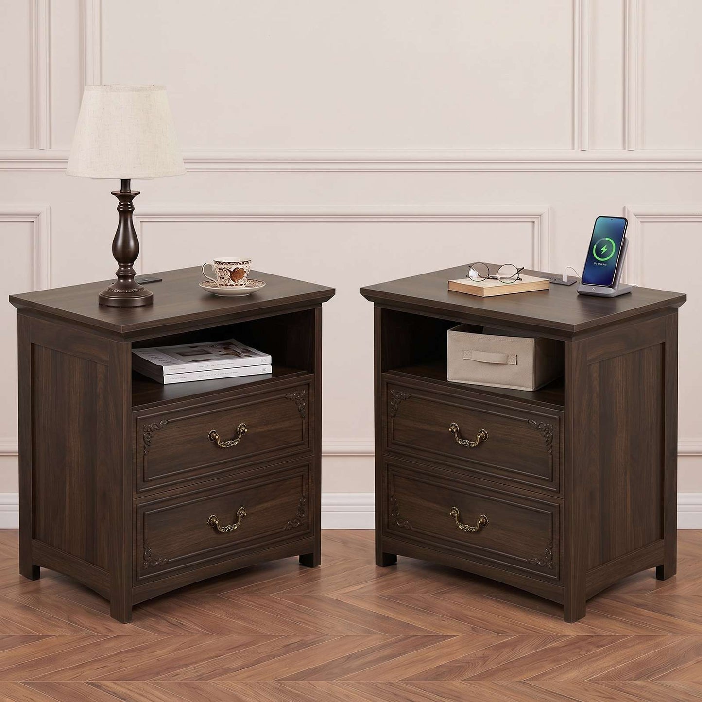 SUCSSRICH | 20-Inch Vintage Farmhouse Nightstand with Charging Station, 2 Drawers & Open Shelf, Elegant Carved Accents and Rustic Metal Handles