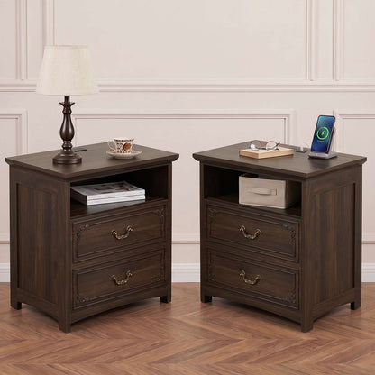 SUCSSRICH | 20-Inch Vintage Farmhouse Nightstand with Charging Station, 2 Drawers & Open Shelf, Elegant Carved Accents and Rustic Metal Handles