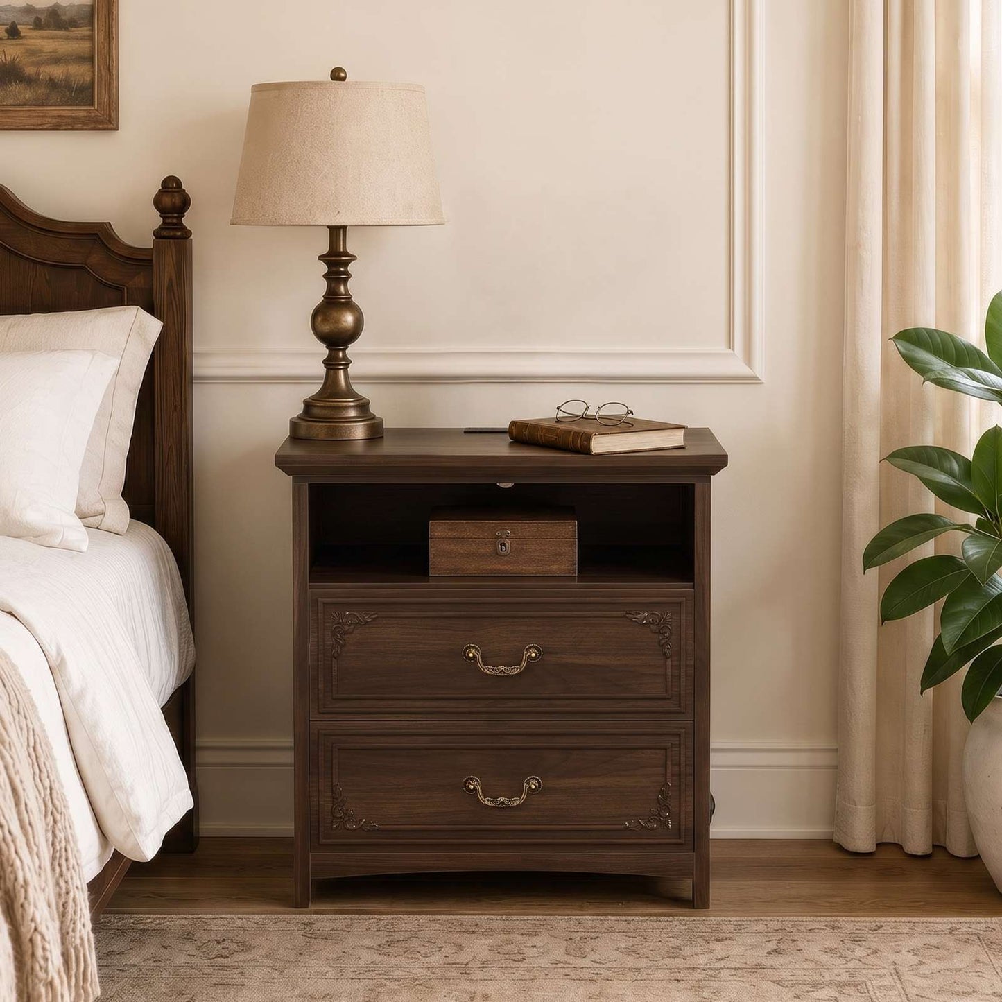 SUCSSRICH | 20-Inch Vintage Farmhouse Nightstand with Charging Station, 2 Drawers & Open Shelf, Elegant Carved Accents and Rustic Metal Handles